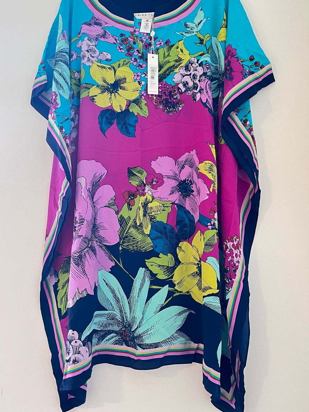 Trina Turk “Theodora” Bright Fuchsia & Turquoise Floral V-Neck Swim Coverup - Picture 3 of 16